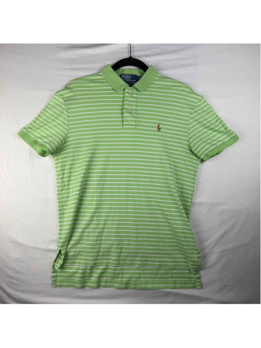 Polo Ralph Lauren Medium Green White Striped Pima Cotton Polo Shirt Tennis Tail